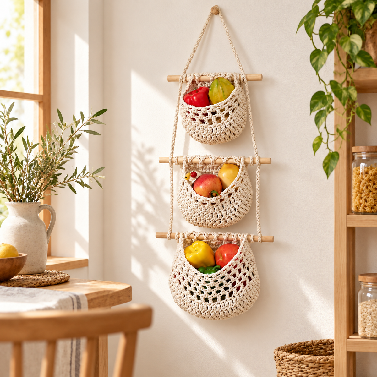 3-Tier Macrame Hanging Fruit Basket Organizer
