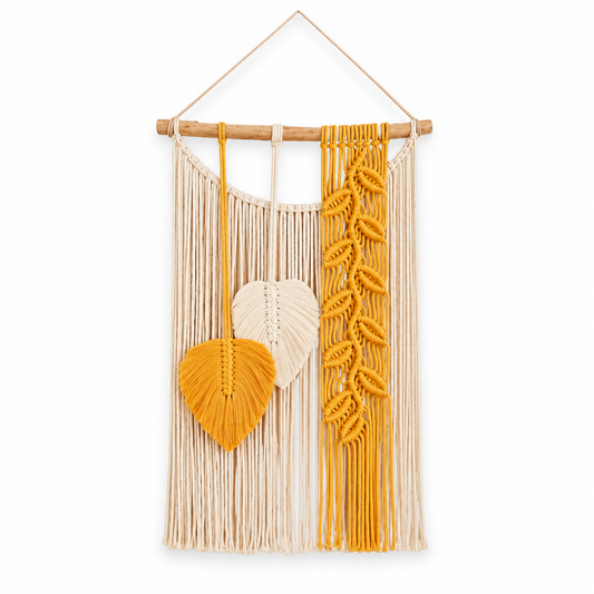 Boho Macrame Leaf Wall Hanging with Yellow and Cream Fringe