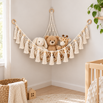Boho Macrame Corner Hammock for Stuffed Animal Storage