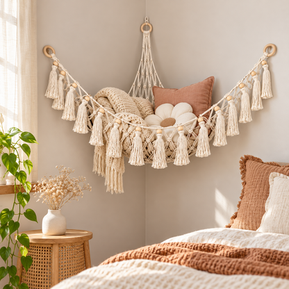 Boho Macrame Corner Hammock for Stuffed Animal Storage