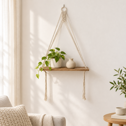 Boho Macrame Hanging Wood Shelf with Cotton Rope