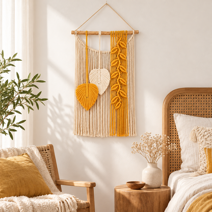 Boho Macrame Leaf Wall Hanging with Yellow and Cream Fringe