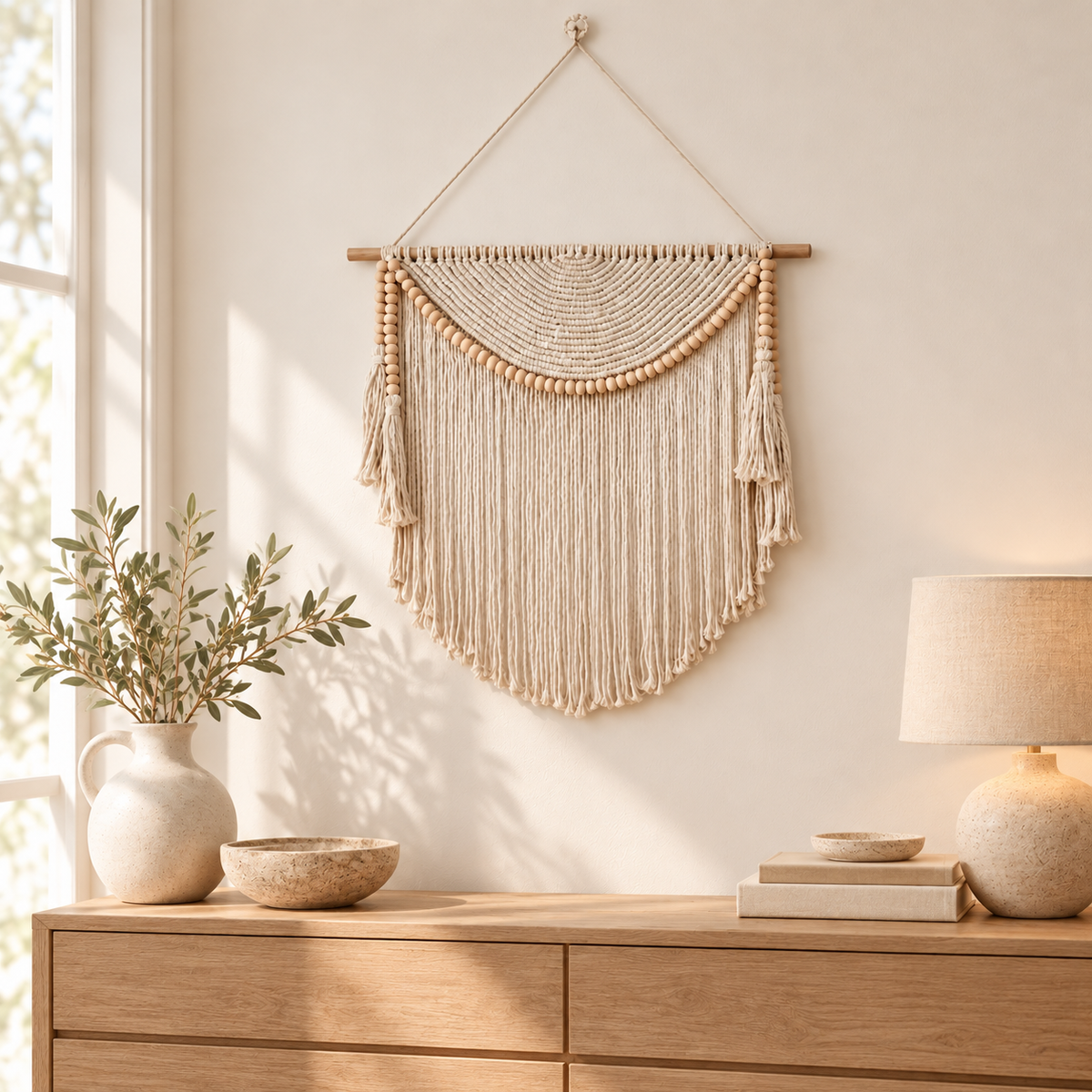 Handwoven Macrame Wall Art with Wooden Beads