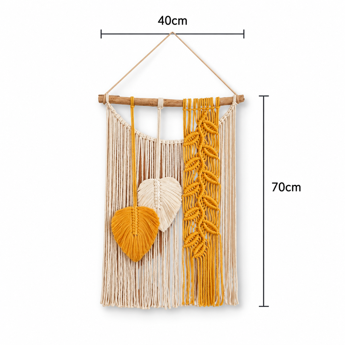 Boho Macrame Leaf Wall Hanging with Yellow and Cream Fringe