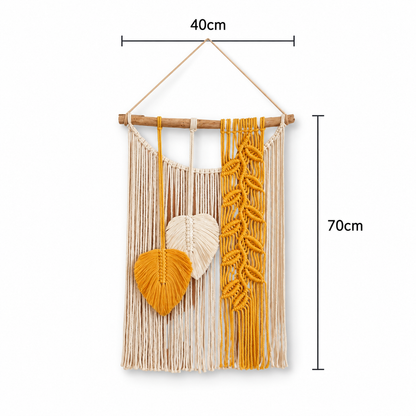 Boho Macrame Leaf Wall Hanging with Yellow and Cream Fringe