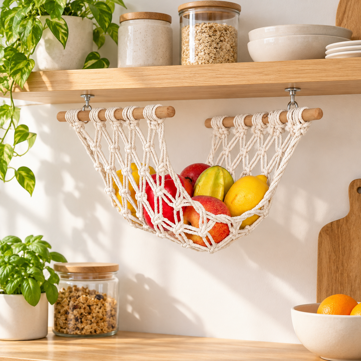 Under Cabinet Macrame Fruit Hammock for Kitchen Storage